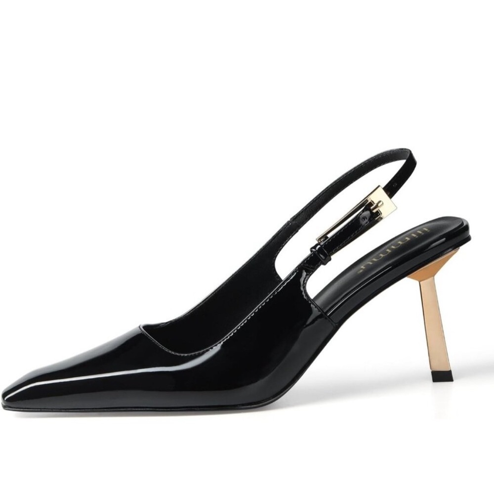 Black patent gold kitten heel and gold buckle size 8